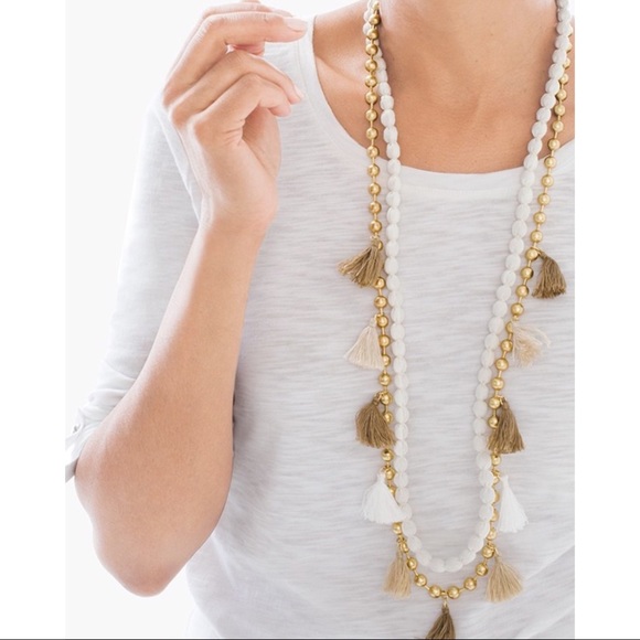 Chico’s Landyn Tassels Necklace Layered Gold Cream - Picture 4 of 5